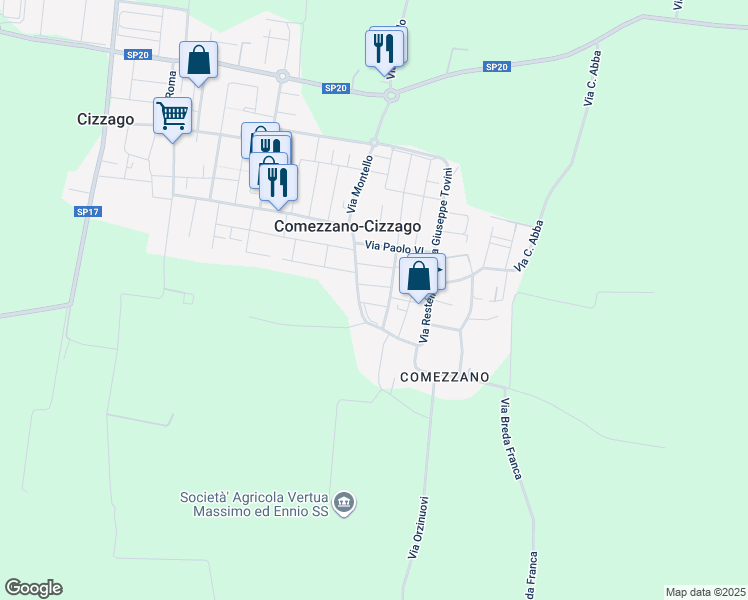 map of restaurants, bars, coffee shops, grocery stores, and more near 5 Via Nino Bixio in Comezzano-Cizzago
