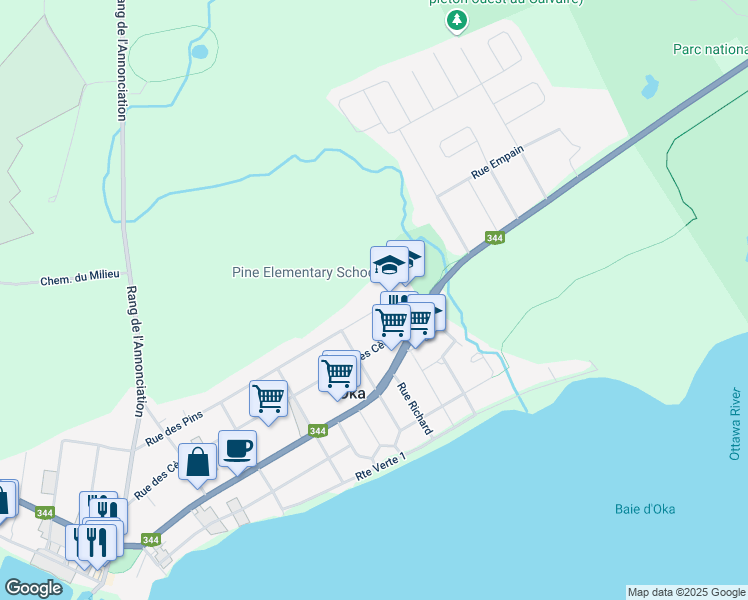 map of restaurants, bars, coffee shops, grocery stores, and more near 33 Rue des Pins in Oka