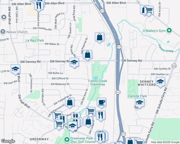 map of restaurants, bars, coffee shops, grocery stores, and more near 7170 Southwest Bel Aire Drive in Beaverton