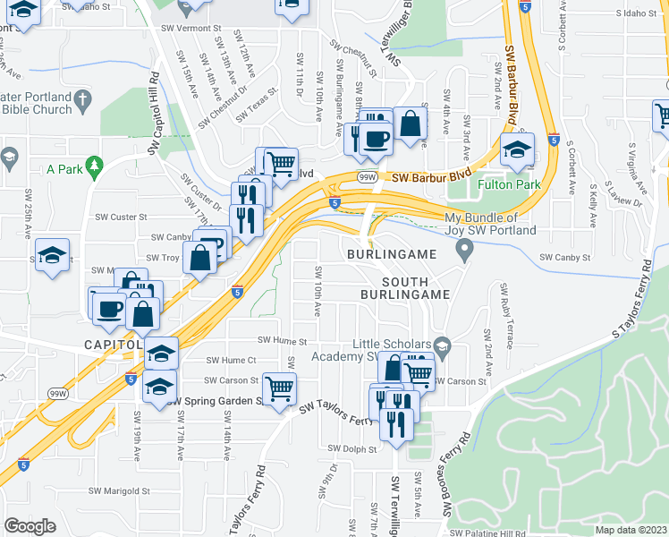 map of restaurants, bars, coffee shops, grocery stores, and more near 902 Southwest Troy Street in Portland