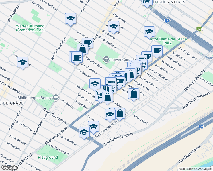 map of restaurants, bars, coffee shops, grocery stores, and more near 6130 Avenue Notre-Dame-de-Grâce in Montréal