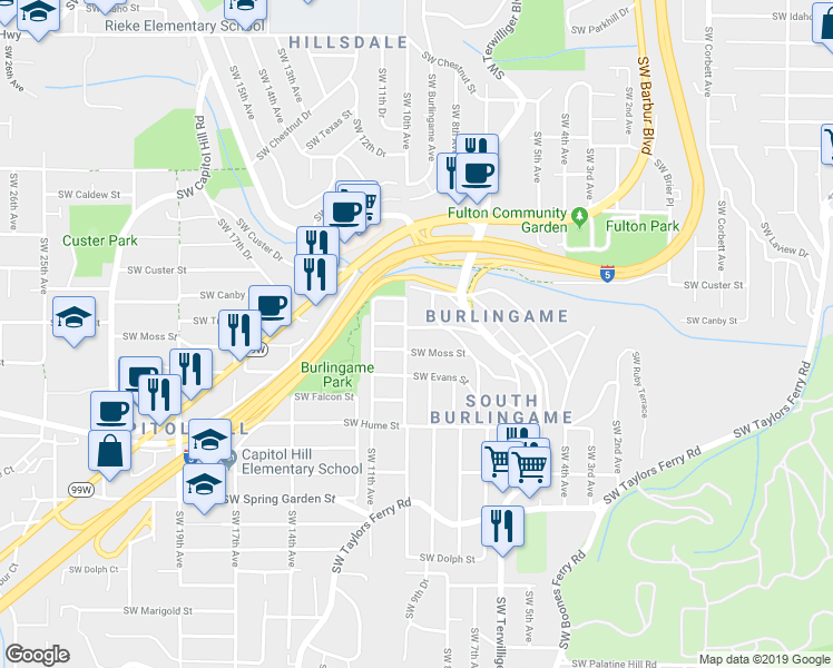 map of restaurants, bars, coffee shops, grocery stores, and more near 940 Southwest Troy Street in Portland
