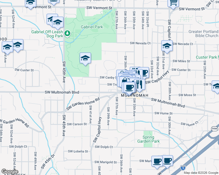 map of restaurants, bars, coffee shops, grocery stores, and more near 3824 Southwest Troy Street in Portland