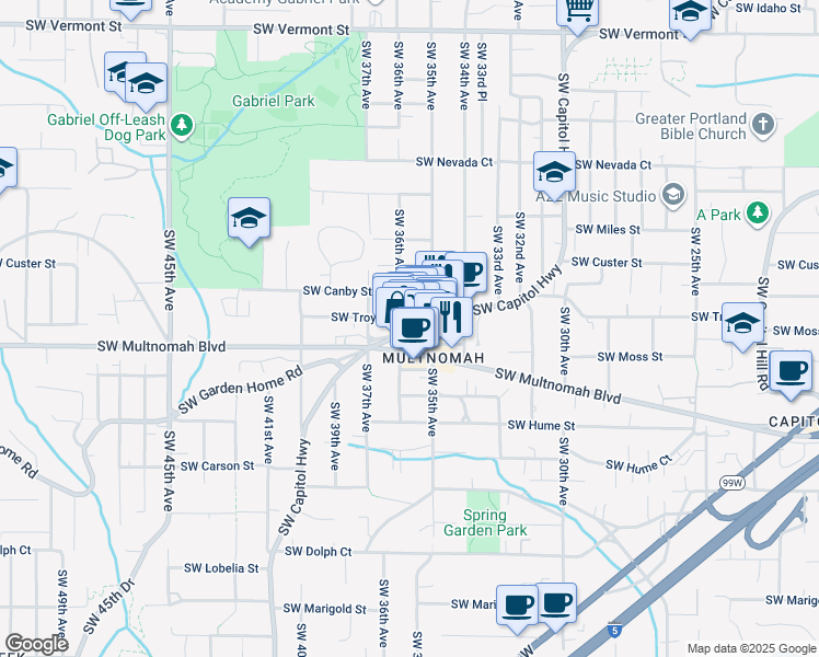 map of restaurants, bars, coffee shops, grocery stores, and more near 3535 Southwest Multnomah Boulevard in Portland