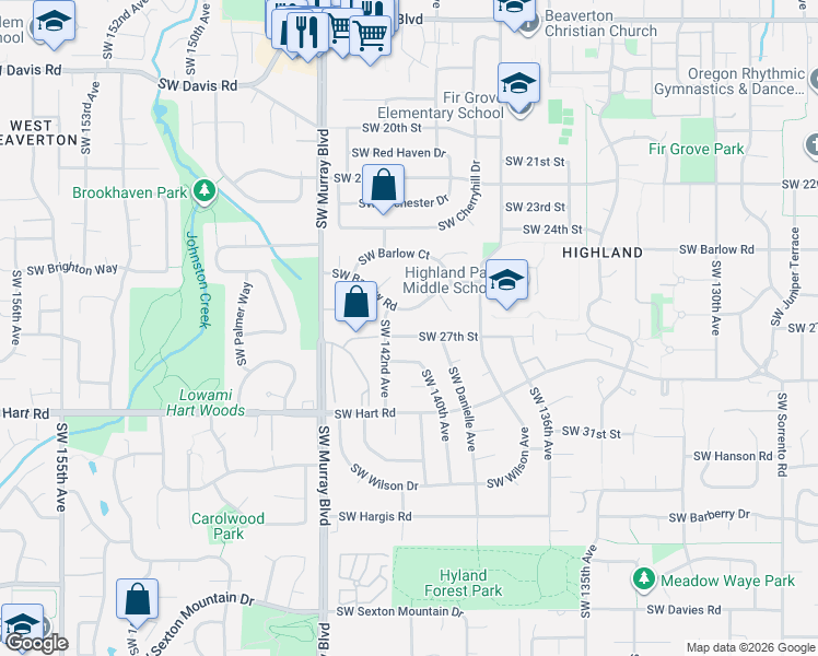 map of restaurants, bars, coffee shops, grocery stores, and more near 14155 Southwest 27th Street in Beaverton
