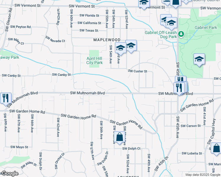 map of restaurants, bars, coffee shops, grocery stores, and more near 5325 Southwest Multnomah Boulevard in Portland