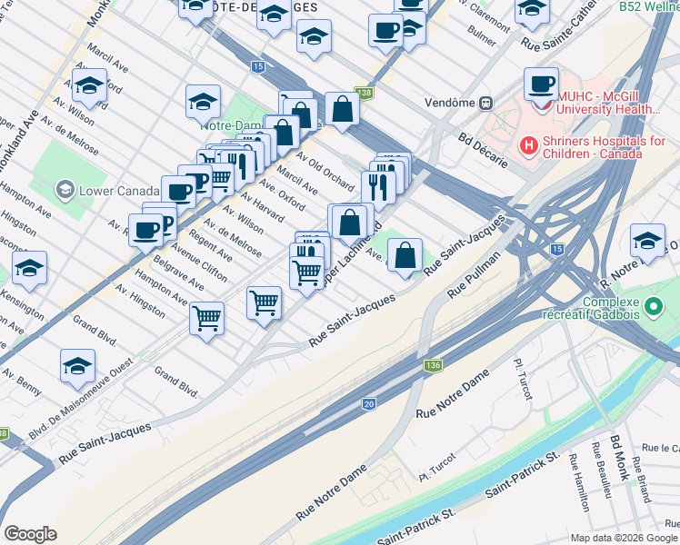 map of restaurants, bars, coffee shops, grocery stores, and more near 5720 Chemin Upper Lachine in Montréal