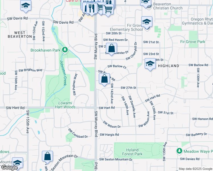 map of restaurants, bars, coffee shops, grocery stores, and more near 14395 Southwest 27th Court in Beaverton