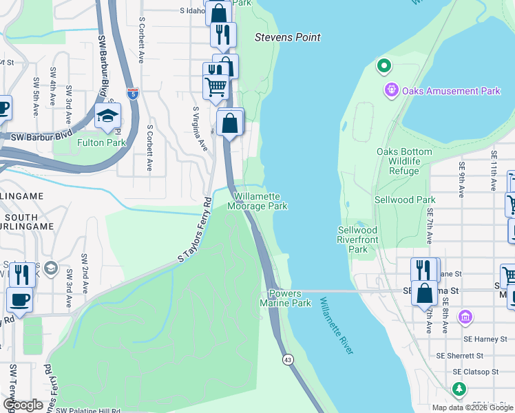 map of restaurants, bars, coffee shops, grocery stores, and more near 7720 South Macadam Avenue in Portland
