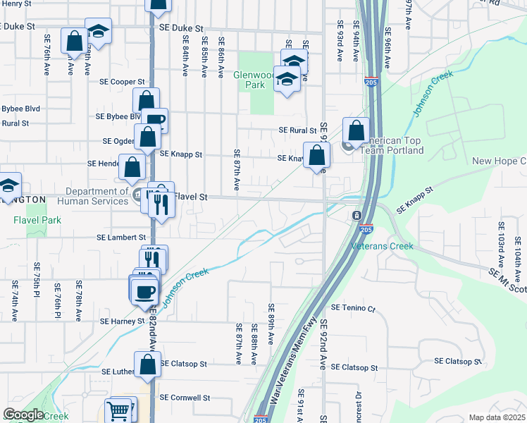 map of restaurants, bars, coffee shops, grocery stores, and more near 8824-8828 Southeast Flavel Court in Portland