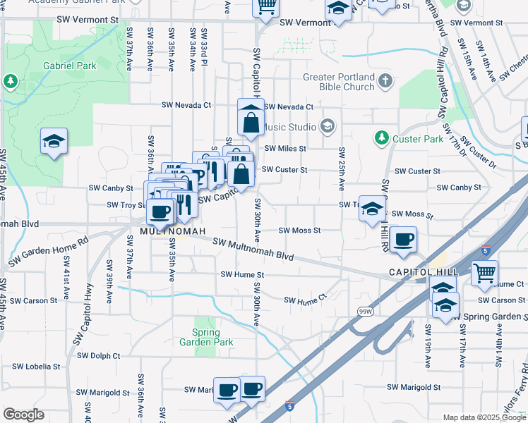 map of restaurants, bars, coffee shops, grocery stores, and more near 7816 Southwest 30th Avenue in Portland