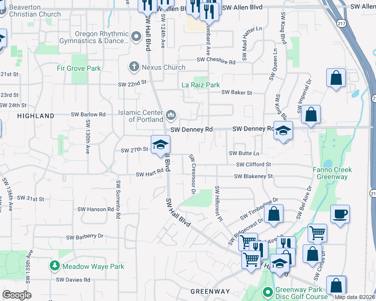 map of restaurants, bars, coffee shops, grocery stores, and more near 12165 Southwest Cresmoor Drive in Beaverton