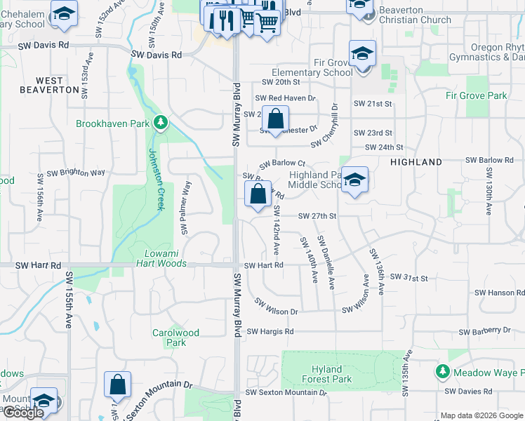map of restaurants, bars, coffee shops, grocery stores, and more near 14395 Southwest 27th Court in Beaverton