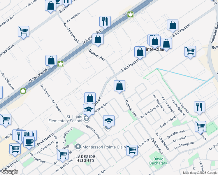 map of restaurants, bars, coffee shops, grocery stores, and more near 120 Boulevard Hymus in Pointe-Claire