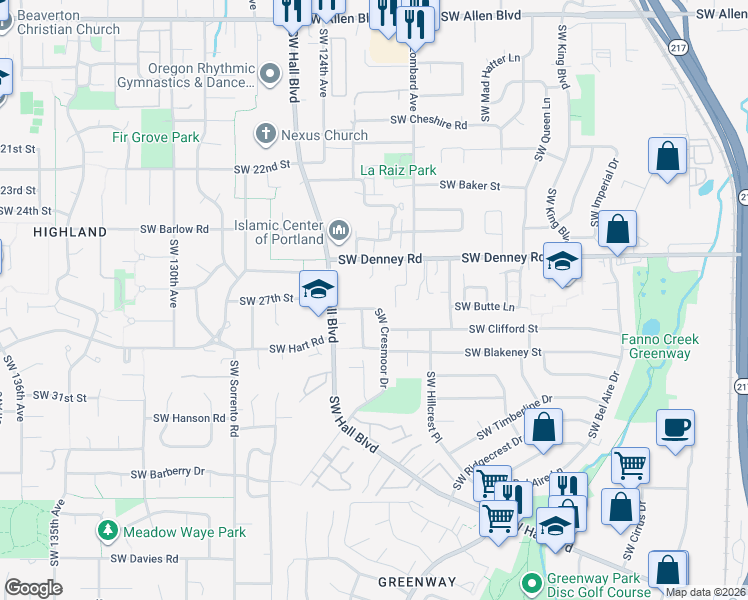map of restaurants, bars, coffee shops, grocery stores, and more near 12165 Southwest Cresmoor Drive in Beaverton