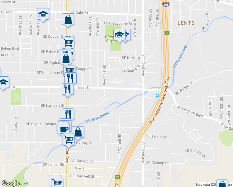map of restaurants, bars, coffee shops, grocery stores, and more near 8824-8828 Southeast Flavel Court in Portland