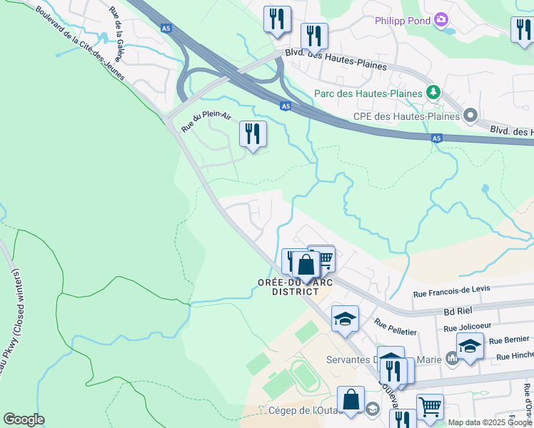 map of restaurants, bars, coffee shops, grocery stores, and more near 19 Rue de l'Escalade in Gatineau