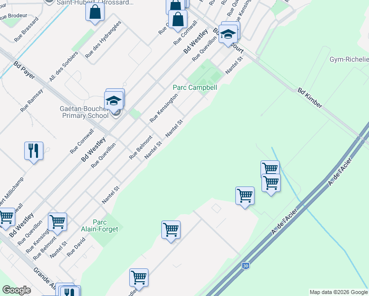map of restaurants, bars, coffee shops, grocery stores, and more near 1re Rue in Longueuil