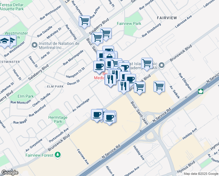 map of restaurants, bars, coffee shops, grocery stores, and more near in Pointe-Claire