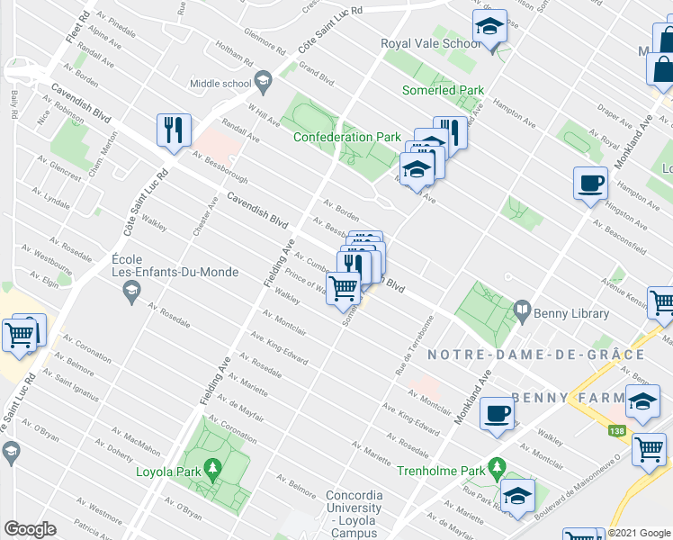 map of restaurants, bars, coffee shops, grocery stores, and more near 4865 Avenue Cumberland in Montréal