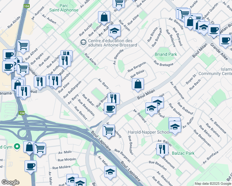 map of restaurants, bars, coffee shops, grocery stores, and more near 3020 Avenue Barry in Brossard