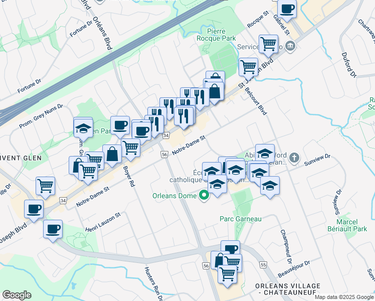 map of restaurants, bars, coffee shops, grocery stores, and more near 6876 Notre-Dame Street in Ottawa