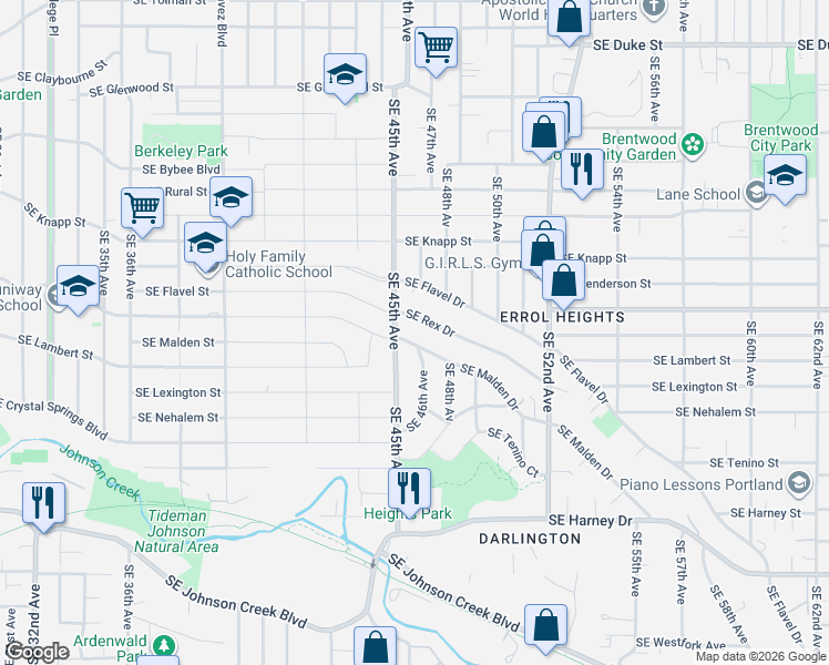 map of restaurants, bars, coffee shops, grocery stores, and more near 4525 Southeast Malden Drive in Portland