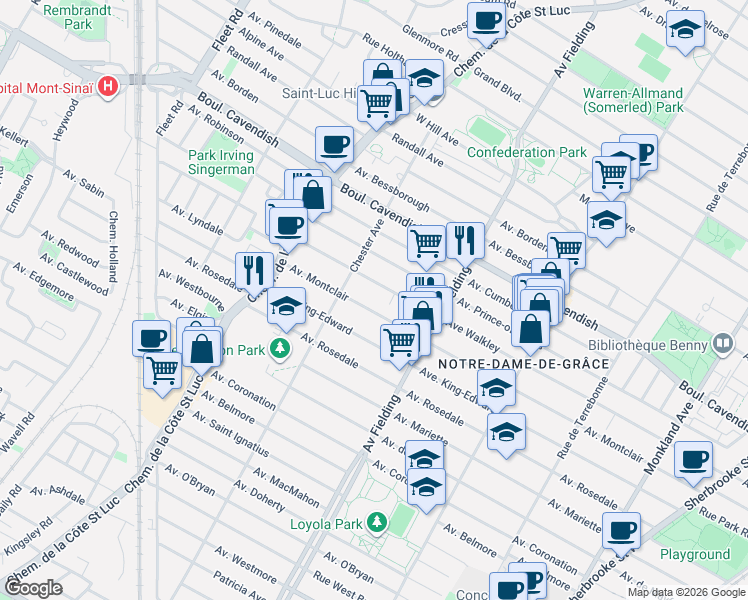 map of restaurants, bars, coffee shops, grocery stores, and more near 5241 Avenue Montclair in Montréal