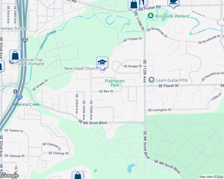 map of restaurants, bars, coffee shops, grocery stores, and more near 10727 Southeast Rex Street in Portland