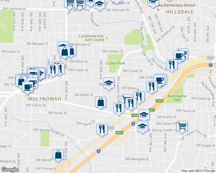 map of restaurants, bars, coffee shops, grocery stores, and more near 2330 Southwest Troy Street in Portland