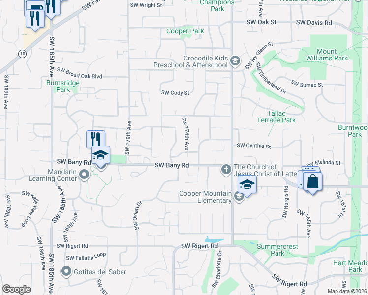 map of restaurants, bars, coffee shops, grocery stores, and more near 7165 Southwest 174th Avenue in Beaverton