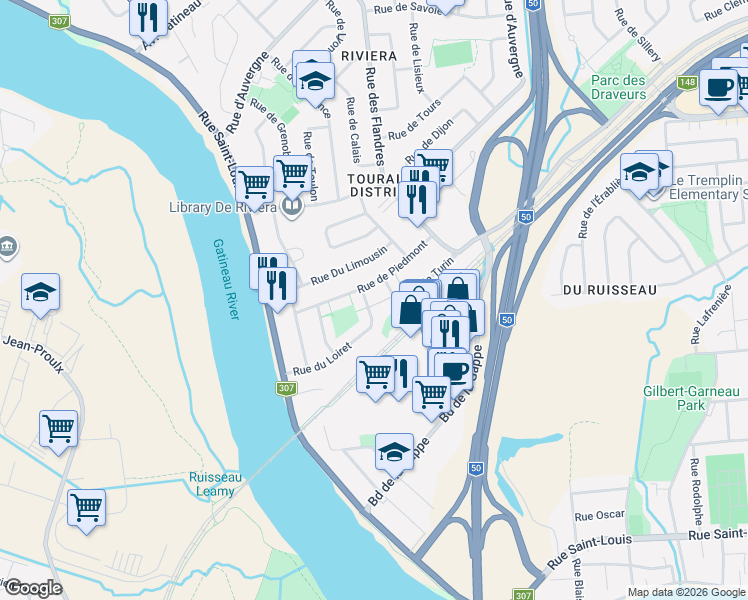 map of restaurants, bars, coffee shops, grocery stores, and more near 58 Rue du Loiret in Gatineau