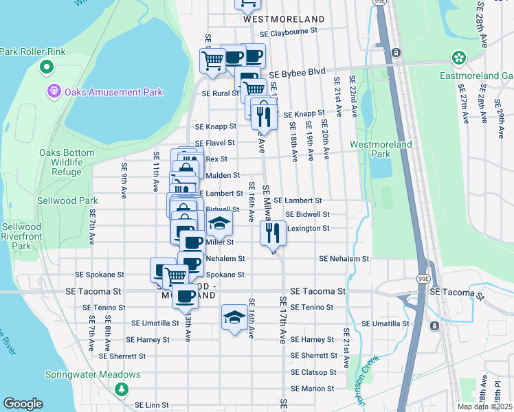 map of restaurants, bars, coffee shops, grocery stores, and more near 7834 SE 16th Ave in Portland