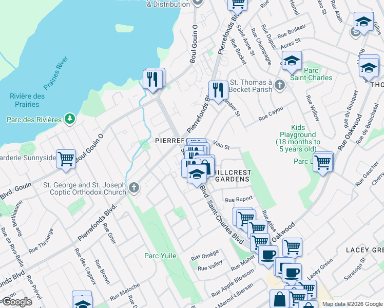 map of restaurants, bars, coffee shops, grocery stores, and more near 4933 Boulevard Saint-Charles in Montréal