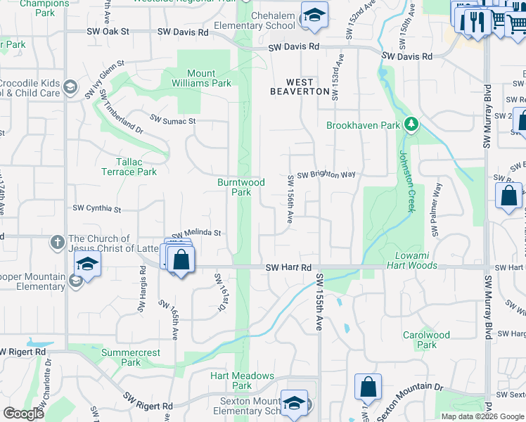 map of restaurants, bars, coffee shops, grocery stores, and more near 7121 Southwest 158th Avenue in Beaverton