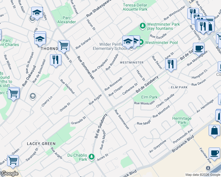 map of restaurants, bars, coffee shops, grocery stores, and more near 98 Rue Roosevelt in Dollard-des-Ormeaux