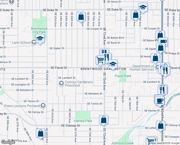 map of restaurants, bars, coffee shops, grocery stores, and more near 7620 Southeast 69th Avenue in Portland