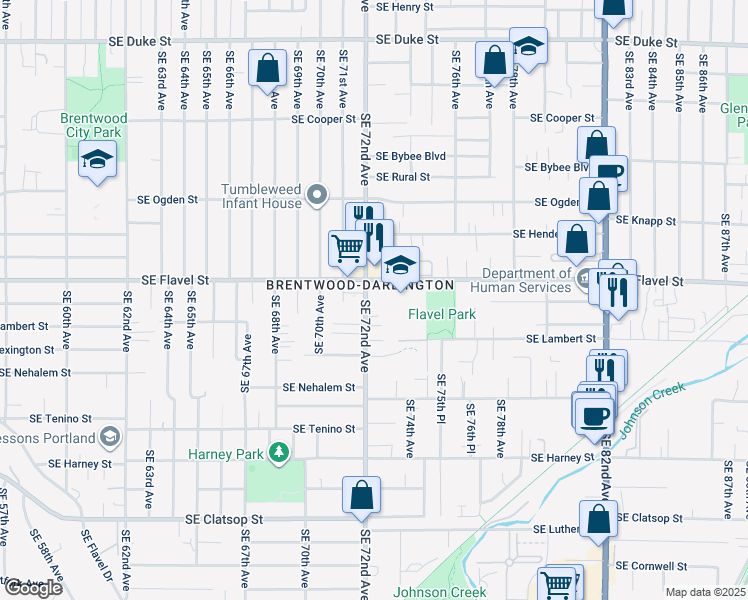 map of restaurants, bars, coffee shops, grocery stores, and more near 7614 Southeast 72nd Avenue in Portland