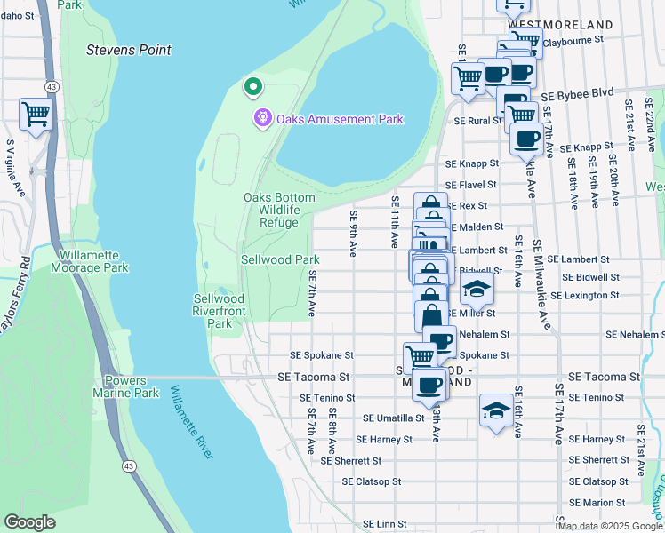 map of restaurants, bars, coffee shops, grocery stores, and more near 745 Southeast Bidwell Street in Portland