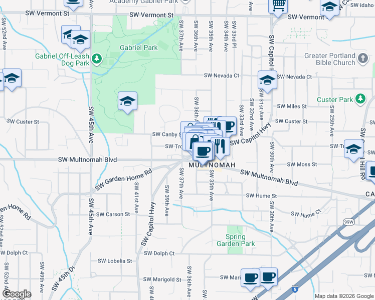 map of restaurants, bars, coffee shops, grocery stores, and more near 3636 Southwest Troy Street in Portland