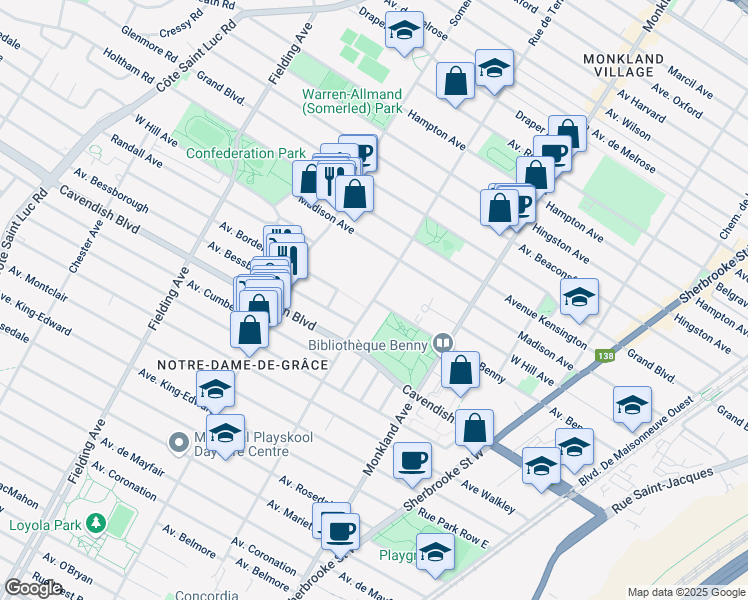 map of restaurants, bars, coffee shops, grocery stores, and more near 4455 Avenue Benny in Montreal