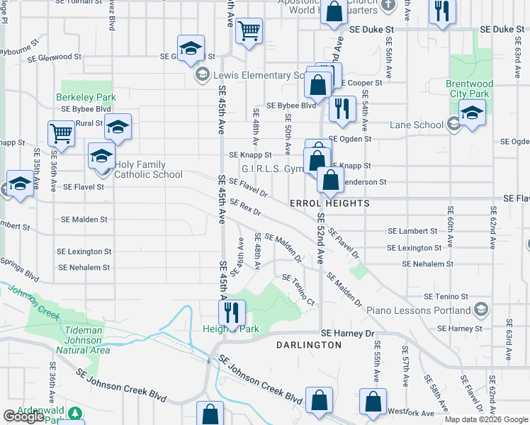 map of restaurants, bars, coffee shops, grocery stores, and more near 4819 Southeast Rex Drive in Portland