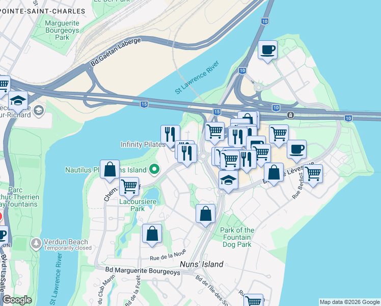 map of restaurants, bars, coffee shops, grocery stores, and more near 210 Chemin du Golf in Montreal