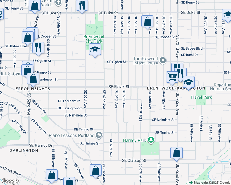 map of restaurants, bars, coffee shops, grocery stores, and more near 7617 Southeast 64th Avenue in Portland