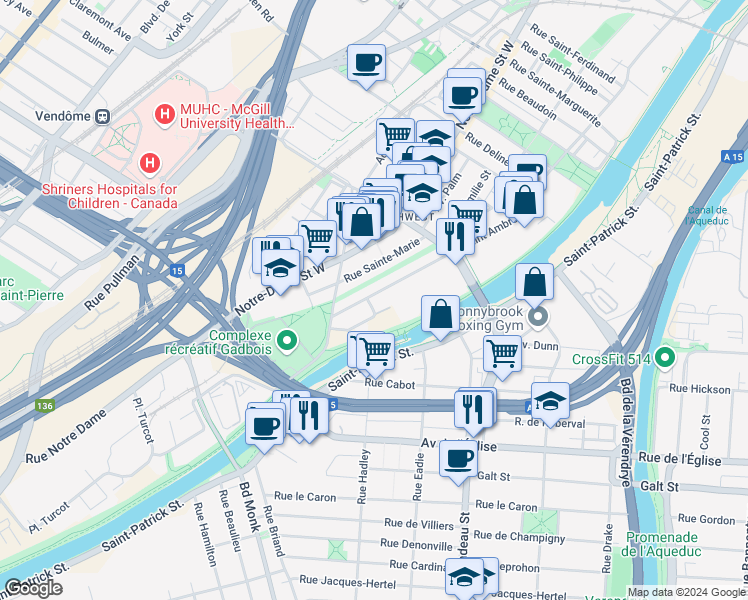 map of restaurants, bars, coffee shops, grocery stores, and more near 5170 Rue Saint-Ambroise in Montréal