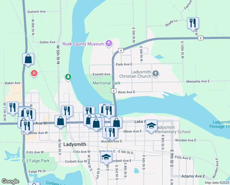 map of restaurants, bars, coffee shops, grocery stores, and more near 310 River Ave E in Ladysmith