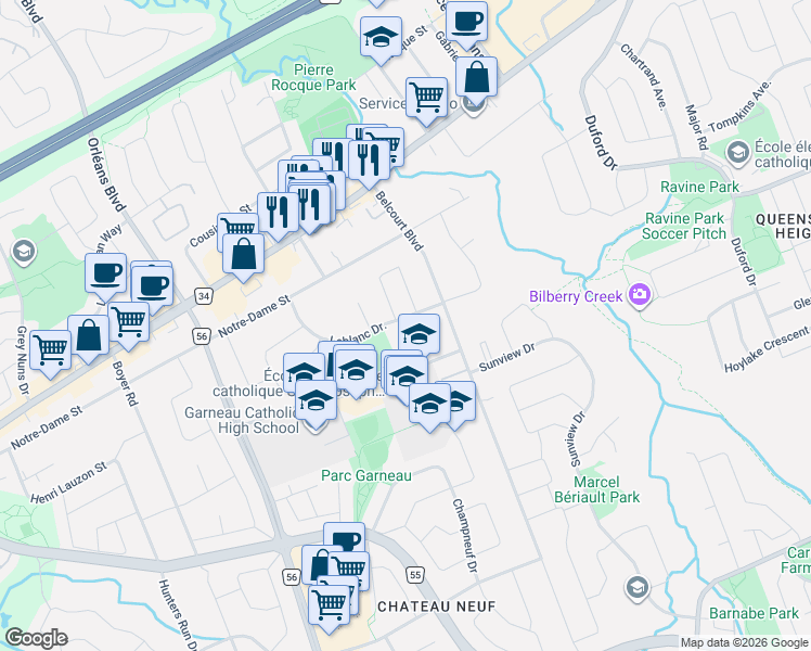 map of restaurants, bars, coffee shops, grocery stores, and more near 1448 Leblanc Drive in Ottawa