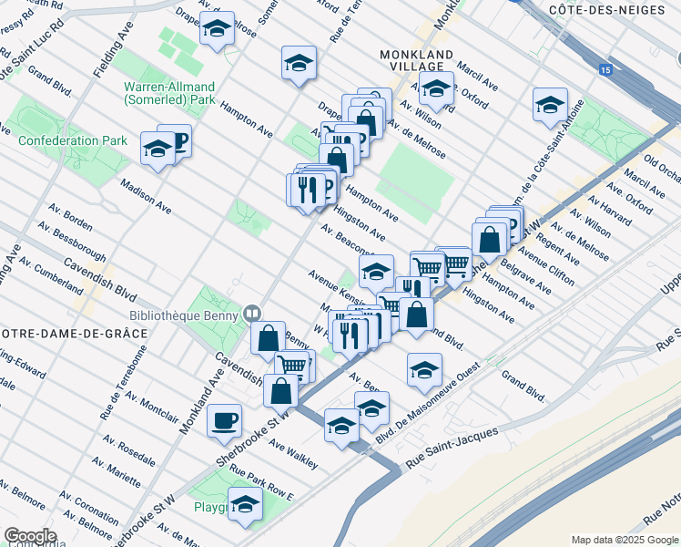 map of restaurants, bars, coffee shops, grocery stores, and more near 6225 Godfrey Ave in Montreal