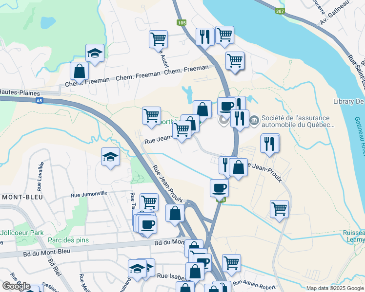 map of restaurants, bars, coffee shops, grocery stores, and more near 79-A Rue Jean-Proulx in Gatineau
