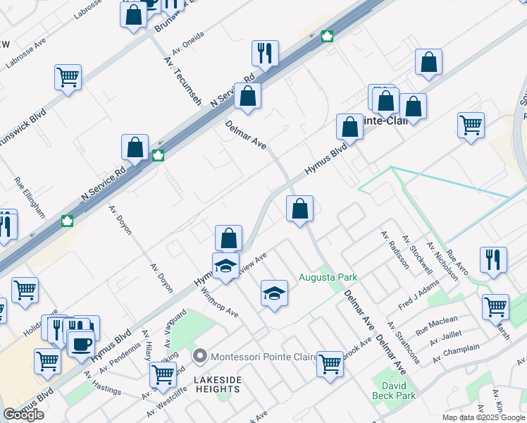 map of restaurants, bars, coffee shops, grocery stores, and more near Boulevard Hymus in Communauté-Urbaine-de-Montréal